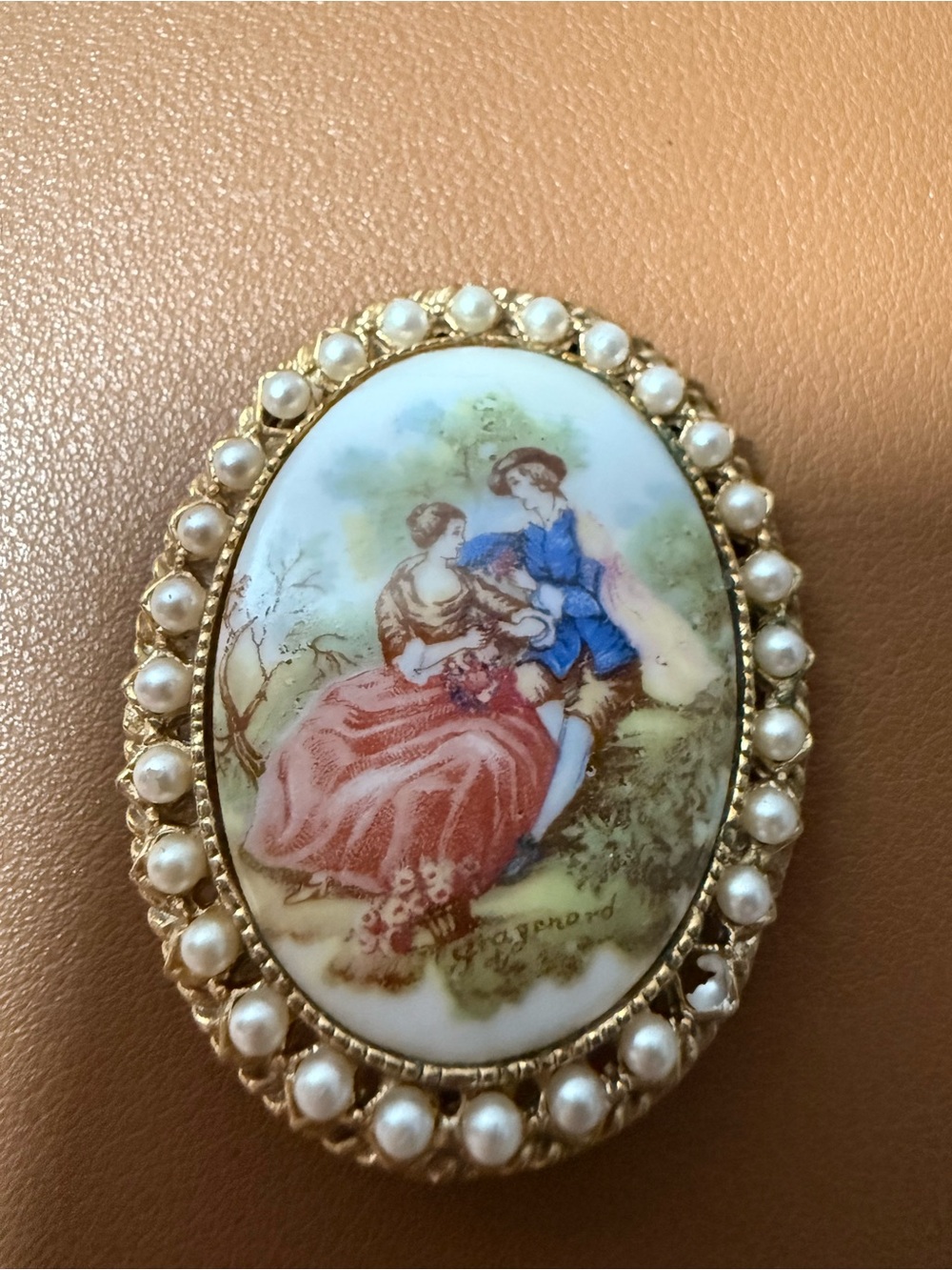Porcelain Cameo Brooch with Pearl Border in Pink, Blue and Gold